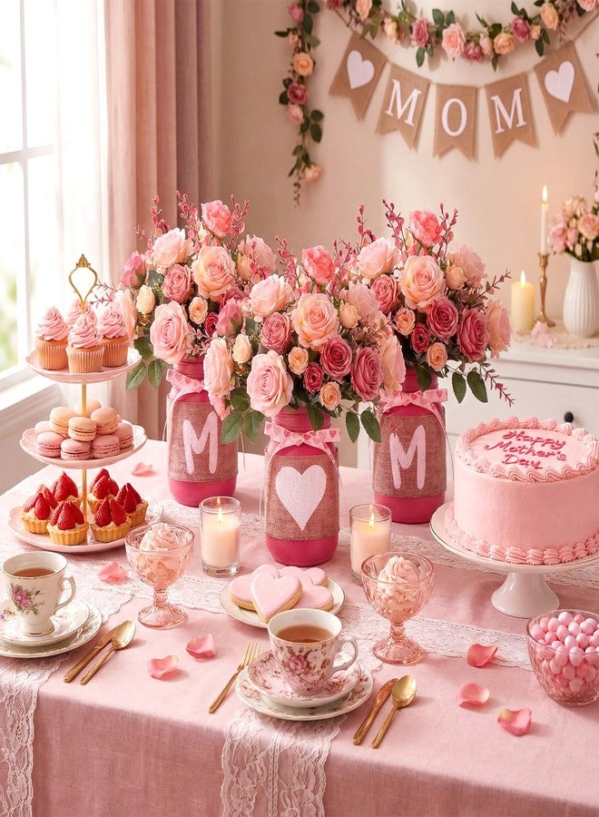 Knitgrip 3 Pcs Mother's Day Table Centerpiece Pink Floral Mason Jar Decorations for Table Topper Mom Rose Tiered Tray Decor with Plant Gift for Mothers Day Women Kitchen Shelf Home Mantel Decor - Image 3