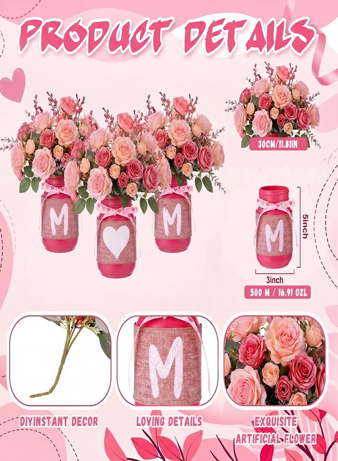 Knitgrip 3 Pcs Mother's Day Table Centerpiece Pink Floral Mason Jar Decorations for Table Topper Mom Rose Tiered Tray Decor with Plant Gift for Mothers Day Women Kitchen Shelf Home Mantel Decor - Image 2