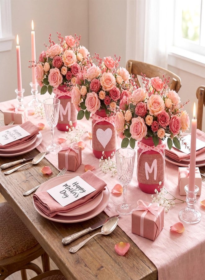 Knitgrip 3 Pcs Mother's Day Table Centerpiece Pink Floral Mason Jar Decorations for Table Topper Mom Rose Tiered Tray Decor with Plant Gift for Mothers Day Women Kitchen Shelf Home Mantel Decor - Image 4