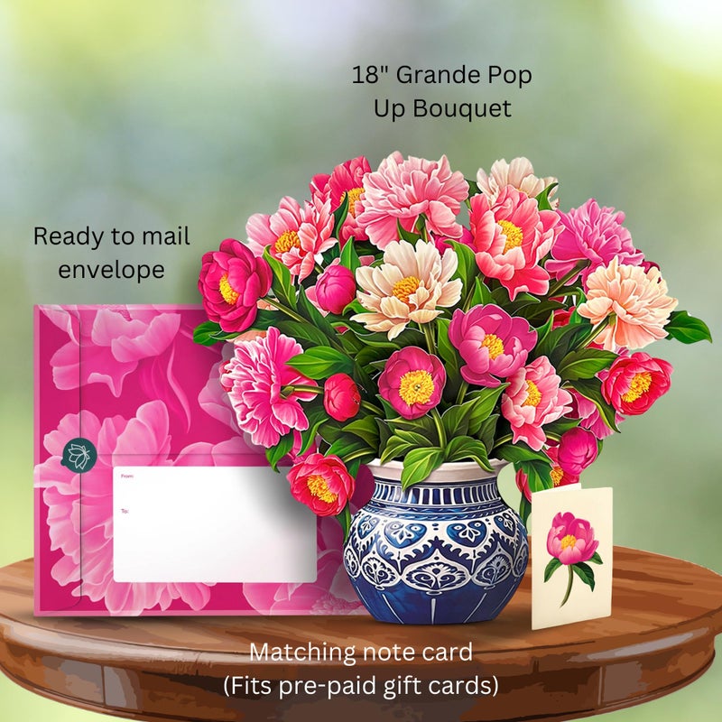 Freshcut Paper Pop Up Cards, Grande Peony Paradise, 18 Inch Life Sized Forever Flower Bouquet 3D Popup Greeting Card, Birthday Cards, Thank You Card, Blank Notecard & Envelope - Image 2