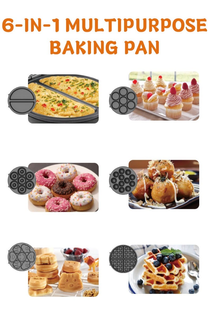 سوكاني جهاز وافل  6 في 1، صانعة وجبات خفيفة متعددة غير لاصقة مع وافل/دونات/كعكة كرتونية/كرات لحم/فطيرة/كعكة، أطباق قابلة للفصل 600 وات SK-08104، أسود/فضي - Image 5