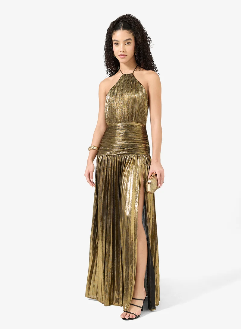 Halter Neck Metallic Pleated Dress with Slit