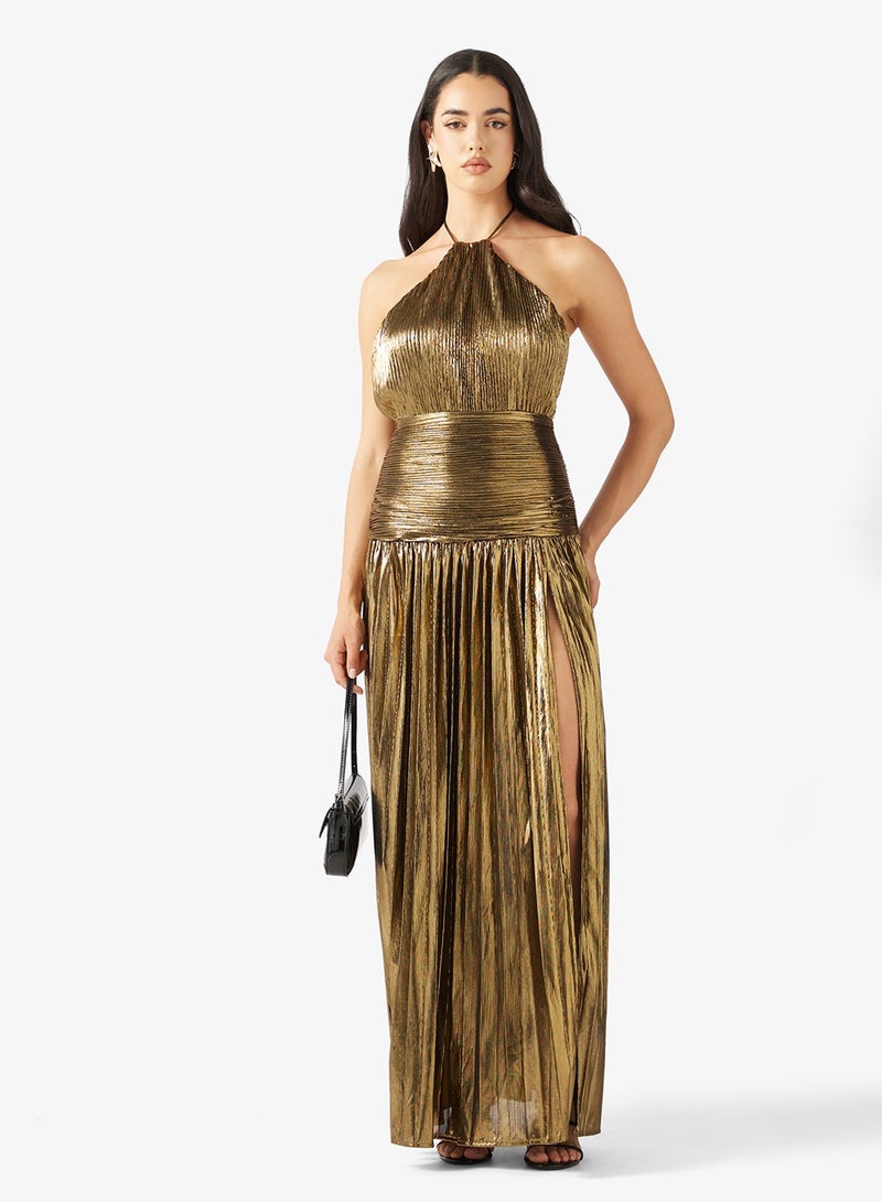 جينجر فستان معدني بكسرات وفتحة بياقة هالتر - Image 1