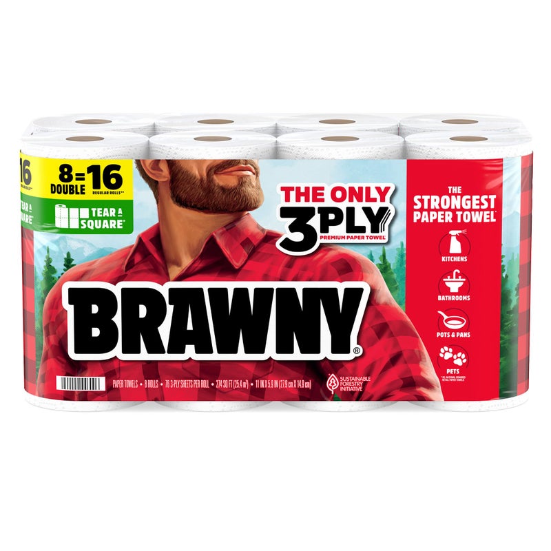 Brawny Tear-A-Square 3-Ply Paper Towels, 8 Double Rolls = 16 Regular Rolls, Strong, Absorbent, and Durable with 3 Sheet Sizes (Quarter, Half, Full) - Image 1