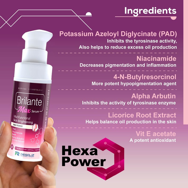 Regaliz Brilante Max Serum Multifunctional Skin Brightening Radiance Booster Targets Dark Spots Uneven Skin Tone and Dullness 30ml - Image 4