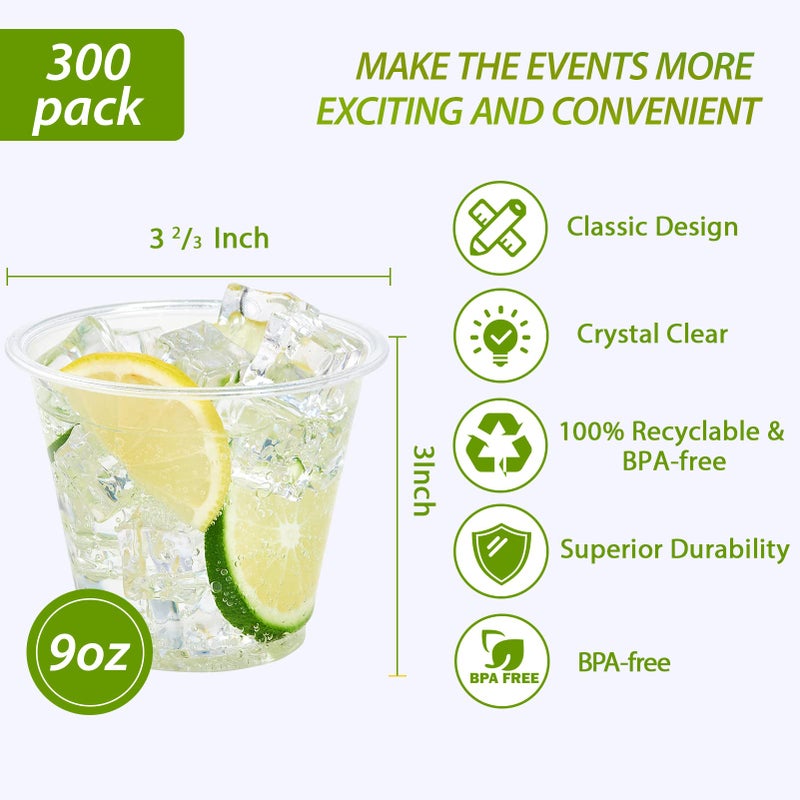 Lilymicky 300 Pack 9 oz Clear Plastic Cups  9 Ounce Disposable Plastic Drinking Cups  Crystal Clear  for Parties  Ceremonies  Events - Image 2