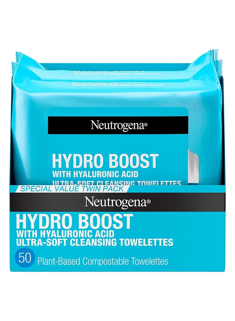 نيوتروجينا مناديل نيوتروجينا هيدرو بوست لتنظيف الوجه ومزيل المكياج بحمض الهيالورونيك ، عبوة مزدوجة ، 25 قيراط - Image 1