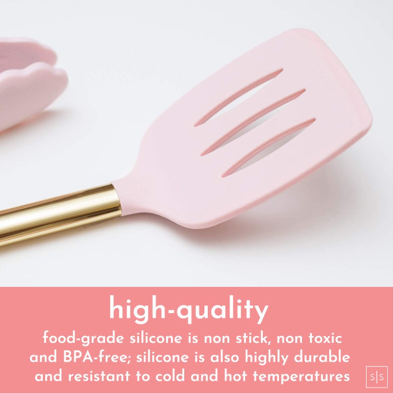 styled settings طقم أدوات المطبخ الذهبية والوردية مع حامل - 7 قطع من أدوات الطهي مع خفاقة ذهبية، مغرفة، ملقط، ملعقة مسطحة، ملعقة، وملعقة - إكسسوارات مطبخ وردية أنيقة للطهي والتقديم العصري - Image 2