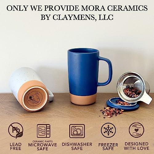 Mora Ceramics Large Tea Mug with Loose Leaf Infuser and Ceramic Lid, 18 oz, Portable, Microwave and Dishwasher Safe, Tall Coffee Cup - Rustic Matte Ceramic Glaze, Modern Herbal Tea Strainer, Deep Blue - Image 4