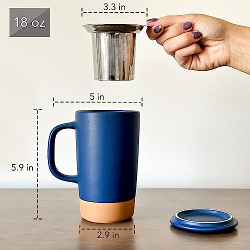 Mora Ceramics Large Tea Mug with Loose Leaf Infuser and Ceramic Lid, 18 oz, Portable, Microwave and Dishwasher Safe, Tall Coffee Cup - Rustic Matte Ceramic Glaze, Modern Herbal Tea Strainer, Deep Blue - Image 3