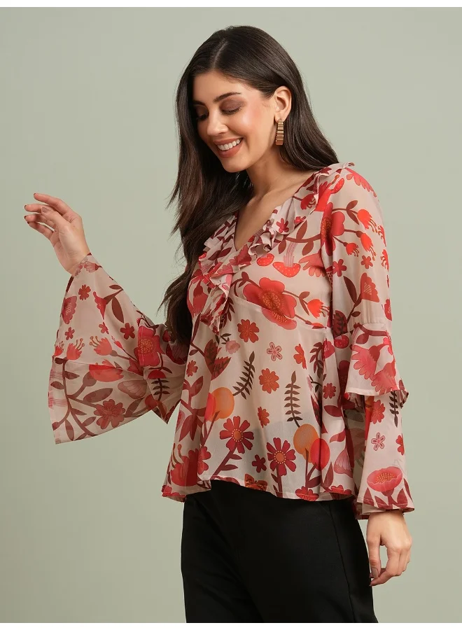 globus Women Red V-Neck Bell Sleeves Floral Print Ruffle Detail Georgette Peplum Top