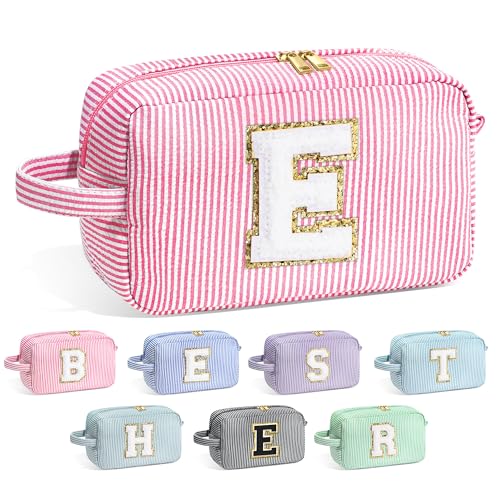 YOOLIFE Bridal Shower Gifts - Bridesmaid Bag, Bridesmaid Proposal Gifts for Wedding Day, Bride to be Gifts, Maid Matron of Honor Gift, Bachelorette Party Favors, Pink Initial Makeup Bag Cosmetic Bag E - Image 1