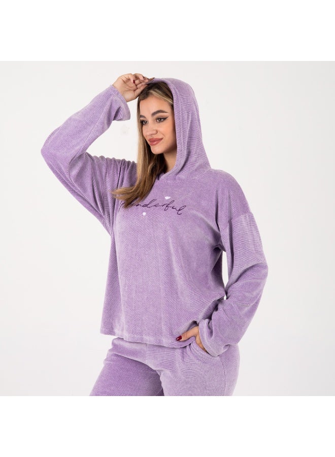 زيكوتكس  بيچامة نسائية شتوية من قطيفة ناعمة مطرزة – لون موف - Image 5