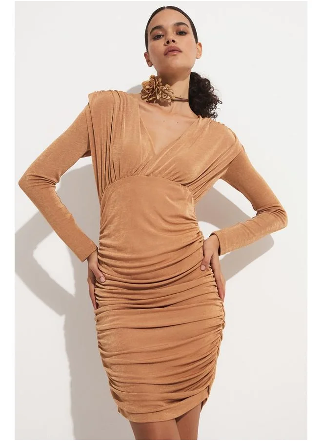 جون June Women Fitted Drape Detailed V-Neck Mini Dress Tan