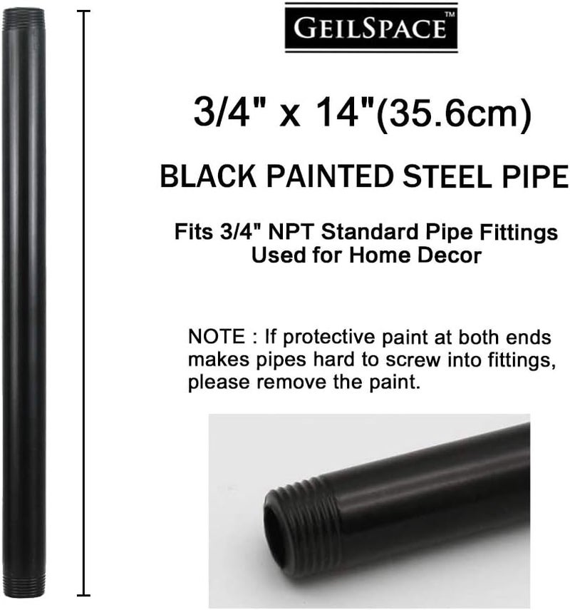 GeilSpace 6 Pack 14" Pre-Cut Black Metal Pipe, Industrial Steel Fits Standard Three Quarters Inch Black Threaded Pipes and Fittings - Vintage DIY Industrial Shelving (3/4" × 14") - Image 2