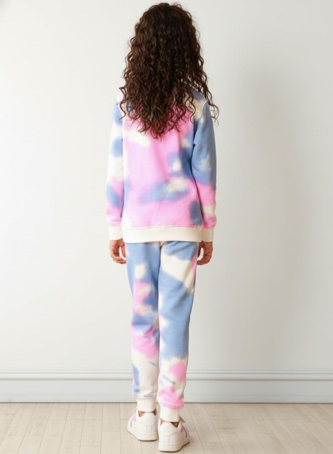 ANTHRILO Blue Pink TIE DYE Girls Fleece Sweatshirt Jogger Set - White | 9-10 Years - Image 3