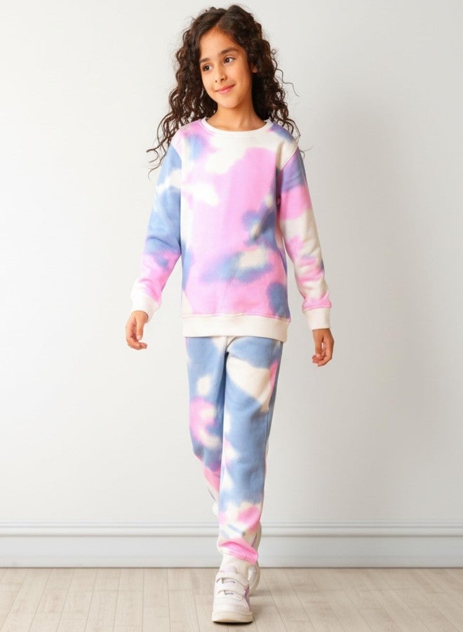 ANTHRILO Blue Pink TIE DYE Girls Fleece Sweatshirt Jogger Set - White | 9-10 Years - Image 2