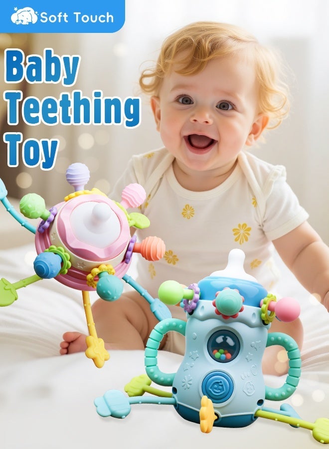 سوفت تاتش قطعتان من ألعاب التسنين للأطفال بمقبض، لعبة مونتيسوري الحسية، لعبة تعليمية تعليمية للأطفال الصغار، لعبة خيط سحب من السيليكون للأطفال، لعبة مضغ للأطفال، لعبة خشخيشة للأطفال للأولاد والبنات كهدية - Image 1