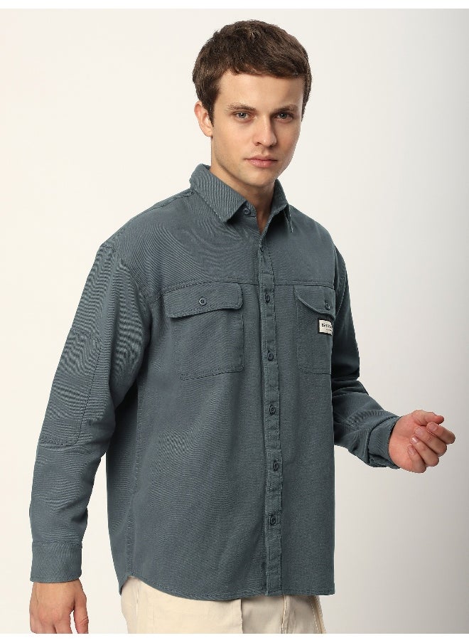 Beyoung Bluish Grey Double Yoke Overshirt  - Image 2