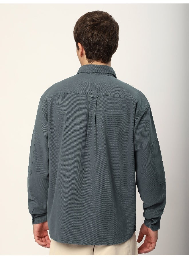 Beyoung Bluish Grey Double Yoke Overshirt  - Image 4
