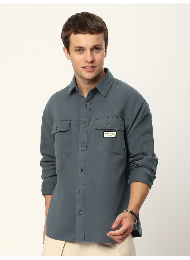 Beyoung Bluish Grey Double Yoke Overshirt  - Image 5
