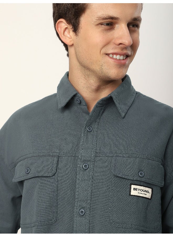 Beyoung Bluish Grey Double Yoke Overshirt  - Image 3