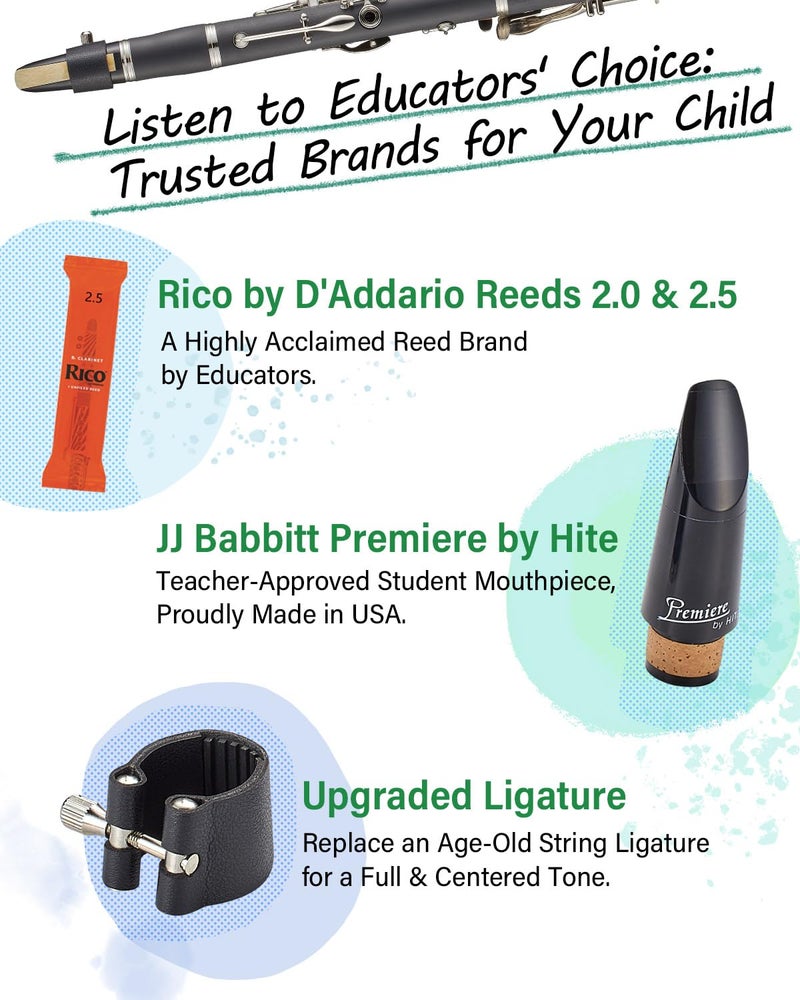 Libretto Bb Clarinet Set for Beginner and Intermediate Players, Name-Brand Mouthpiece & Reeds, Music Stand, Cleaning Kit, Instructions, Backpack Case, 5-Leg Stand, Educator-Recommended - Image 4