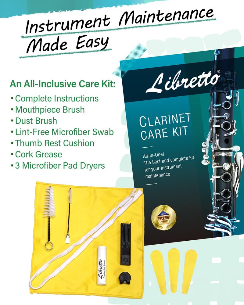 Libretto Bb Clarinet Set for Beginner and Intermediate Players, Name-Brand Mouthpiece & Reeds, Music Stand, Cleaning Kit, Instructions, Backpack Case, 5-Leg Stand, Educator-Recommended - Image 5