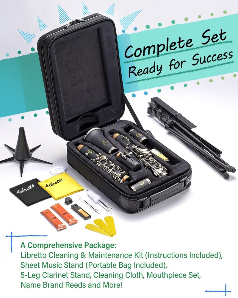 Libretto Bb Clarinet Set for Beginner and Intermediate Players, Name-Brand Mouthpiece & Reeds, Music Stand, Cleaning Kit, Instructions, Backpack Case, 5-Leg Stand, Educator-Recommended - Image 2