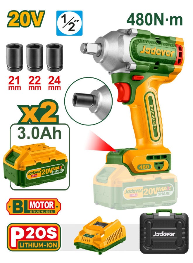 Jadever Cordless Impact Wrench 20V 1/2Inch Jdcd1B48