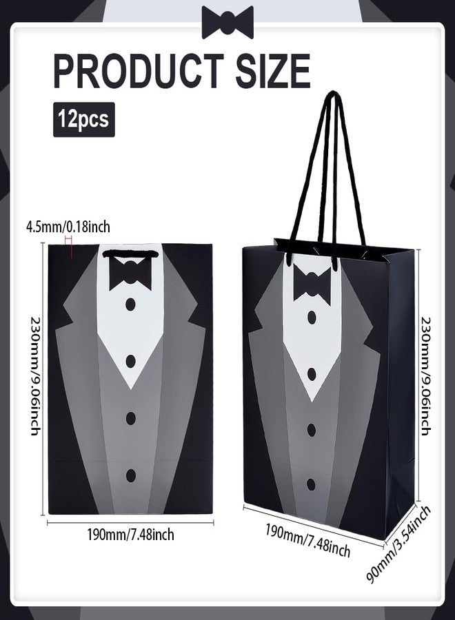 BENECREAT 12 Pack Tuxedo Gift Bags, 9.1x7.4x3.5inch Black White Paper Gift Bags with Handle for Groomsman, Bachelor Party Favors, Wedding - Image 2