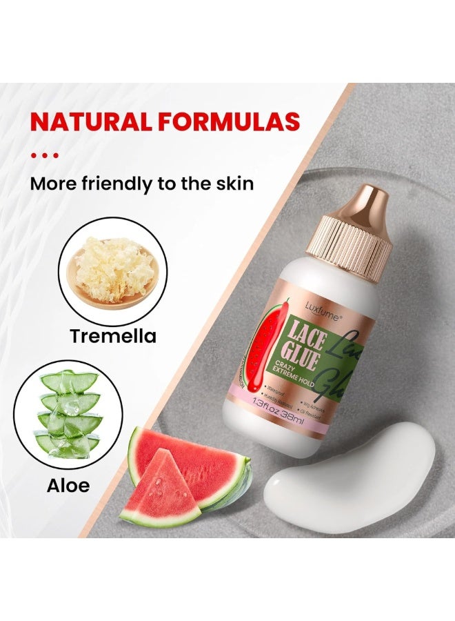 Luxfume Lace Glue Extreme Hold Waterproof Humidity Resistant Super Hold Invisible Lace Glue for Front Laces Wig Fast Drying No Residue Formula Watermelon Scented Wig Glue 38ml - Image 5