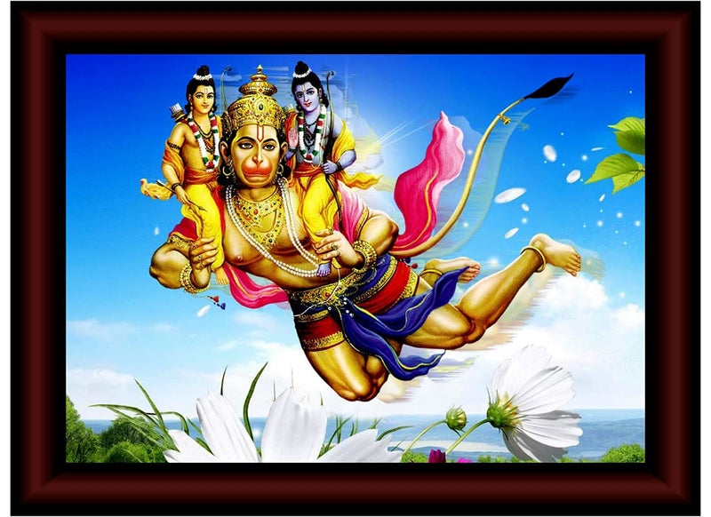 1ArtofCreation Ram & Laxman Seating On Hanuman Shoulder Flying UV Textured Home Decorative Gift Item Painting With Frame 10 Inch X 13 Inch SANFK31653 - Image 1