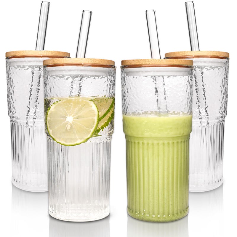 ANOTION Glass Cups  22 oz Iced Coffee Cups Drinking Glasses Iced Coffee Cup Reusable Smoothie Cup Glass Tumbler Water Glasses Ribbed Glassware Work from Home Essentials Travel Coffee Mug Drinking Set