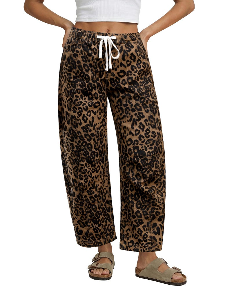GRAPENT Drawstring Barrel Jeans Women Stretchy Jeans for Women Barrel Leg Cute for Wide Leg Pants Woman Wide Trousers Cropped Bronze Leopard Size Medium US 8 to 10 - Image 1