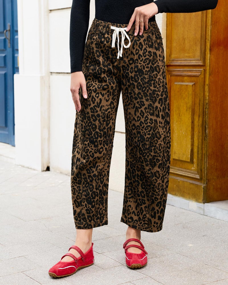 GRAPENT Drawstring Barrel Jeans Women Stretchy Jeans for Women Barrel Leg Cute for Wide Leg Pants Woman Wide Trousers Cropped Bronze Leopard Size Medium US 8 to 10 - Image 2