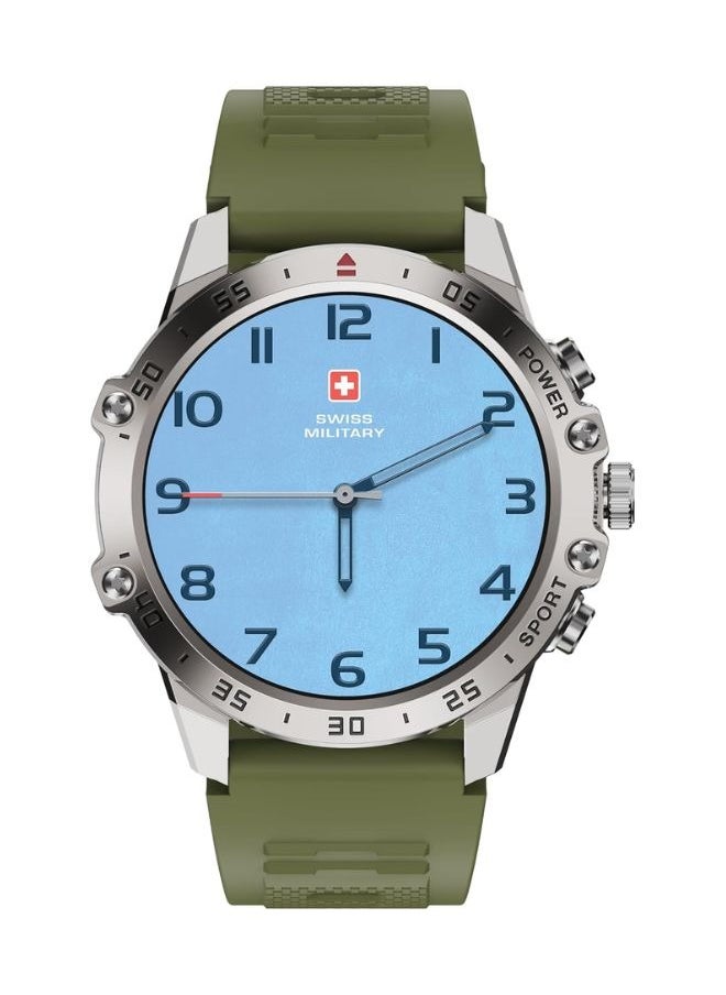 SWISS MILITARY - Swiss Military DOM5 Smartwatch 1.43" AMOLED, Bluetooth Calling, Multi Language, Health & Sports Tracking, Wireless Charging, 7 Days Battery, IP68, iOS/Android Compatible,Silver Frame with Green Strap - Image 1