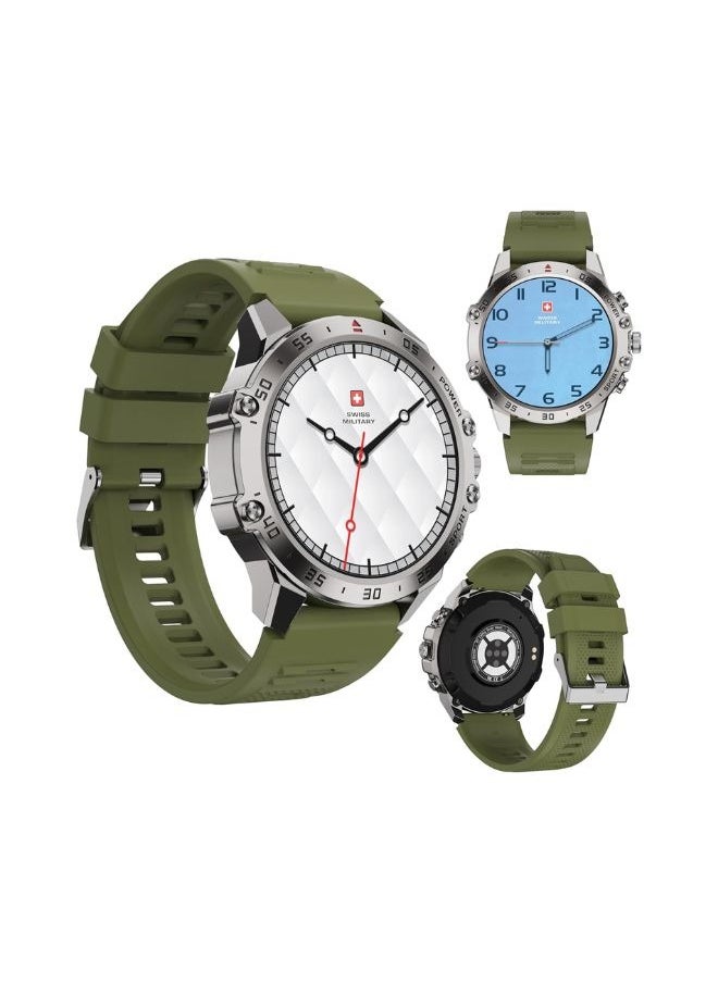 SWISS MILITARY - Swiss Military DOM5 Smartwatch 1.43" AMOLED, Bluetooth Calling, Multi Language, Health & Sports Tracking, Wireless Charging, 7 Days Battery, IP68, iOS/Android Compatible,Silver Frame with Green Strap - Image 1