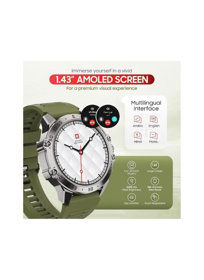 SWISS MILITARY - Swiss Military DOM5 Smartwatch 1.43" AMOLED, Bluetooth Calling, Multi Language, Health & Sports Tracking, Wireless Charging, 7 Days Battery, IP68, iOS/Android Compatible,Silver Frame with Green Strap - Image 1