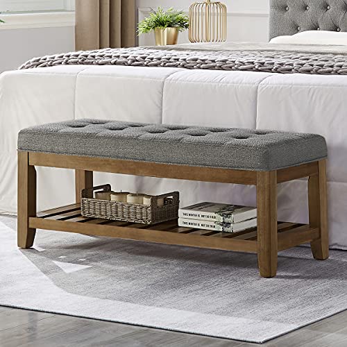 24KF Large Rectangular Upholstered Tufted Linen Fabric Ottoman Bench Padded Bench with Solid Wood ShelfGranite
