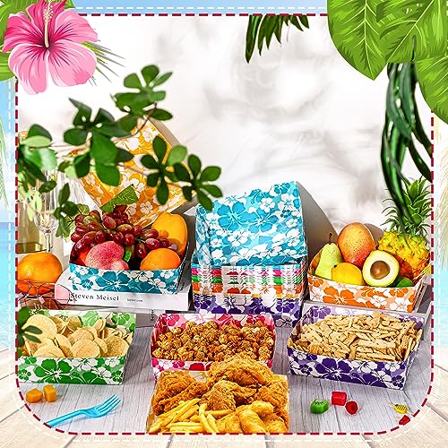 Nitial 48 Pcs Hibiscus Party Paper Food Trays Disposable Luau Party Food Boats Hawaiian Themed Decorations 5 lb Hawaiian Tray for Hibiscus Tropical Theme Supplies - Image 2