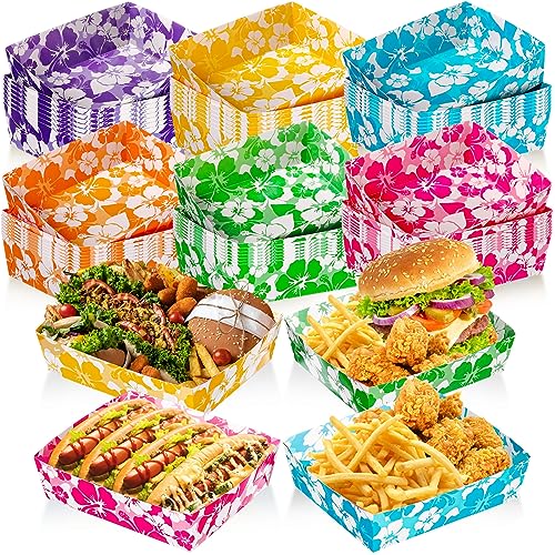 Nitial 48 Pcs Hibiscus Party Paper Food Trays Disposable Luau Party Food Boats Hawaiian Themed Decorations 5 lb Hawaiian Tray for Hibiscus Tropical Theme Supplies - Image 1