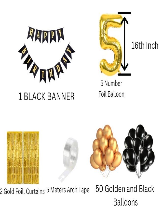 Flyloons 5th Black Gold Happy Birthday Decoration for Girls Kids Boys with Black Happy Birthday Banner,Black,Gold Balloons, Golden Foil Curtain,Arch Tape birthday decoration items for room - Image 2