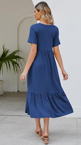 Jeqeocafy Summer Dresses for Women Flowy Maxi Sundress Short Sleeve Tiered Beach Dress with Pockets 2026 Vacation Travel Sea Blue - Image 4