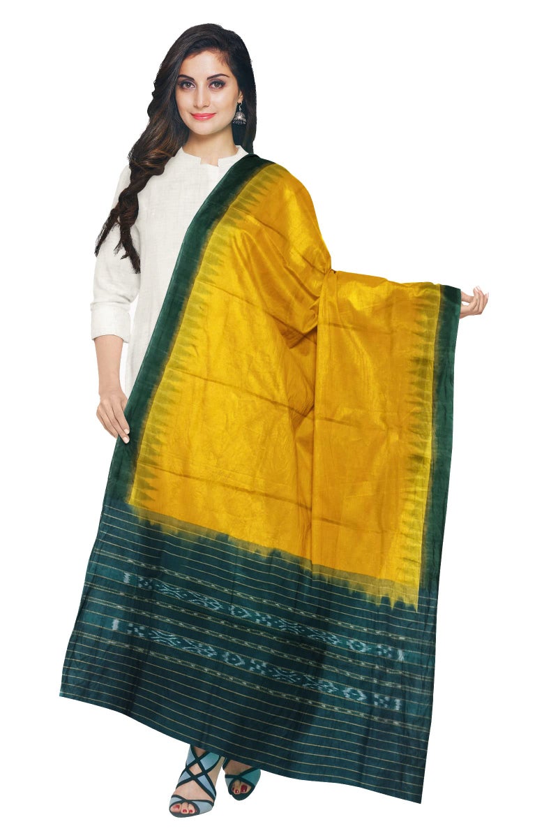 BTHIKIRI Odisha Sambalpuri Handloom Cotton Dupatta with weaving and Ikat woven border from the Weavers of Odisha Temple Border & Stole For Girls & Women (Bottle Green,Yellow,BTHI 2132) - Image 3
