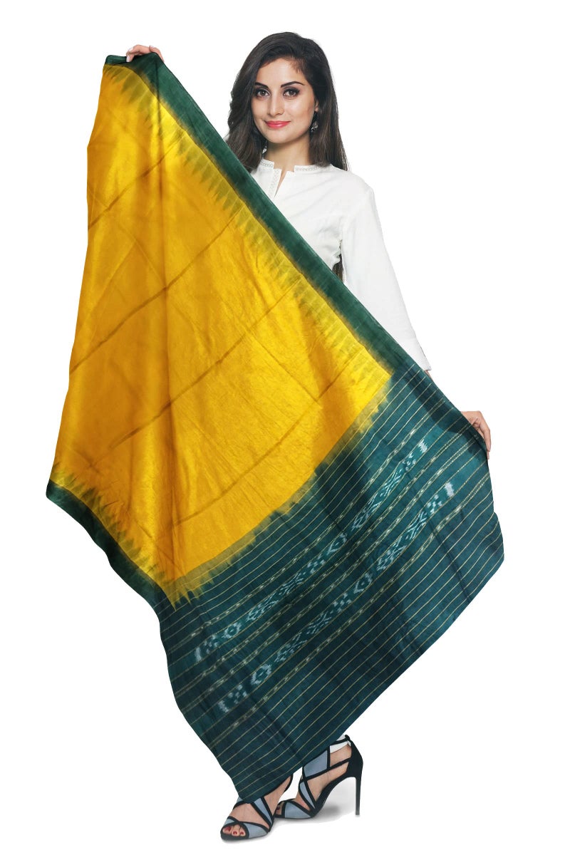 BTHIKIRI Odisha Sambalpuri Handloom Cotton Dupatta with weaving and Ikat woven border from the Weavers of Odisha Temple Border & Stole For Girls & Women (Bottle Green,Yellow,BTHI 2132) - Image 1