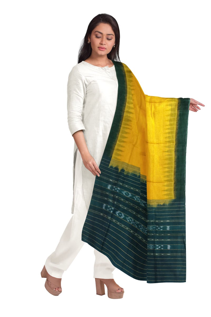 BTHIKIRI Odisha Sambalpuri Handloom Cotton Dupatta with weaving and Ikat woven border from the Weavers of Odisha Temple Border & Stole For Girls & Women (Bottle Green,Yellow,BTHI 2132) - Image 4