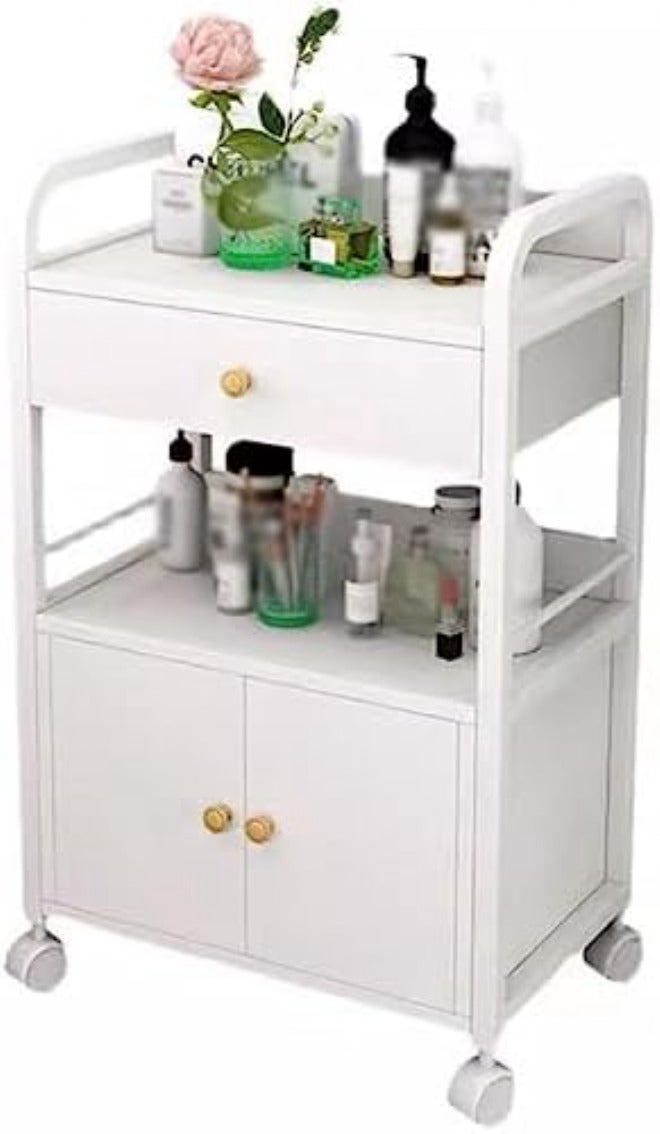 Rolling Salon Trolley Cart - Beauty Storage Cabinet with Drawer & Cupboard for Barber Tools, Mobile Salon Nizer for Hairdressing & Spa Use(White-55X33X80Cm) - Image 1