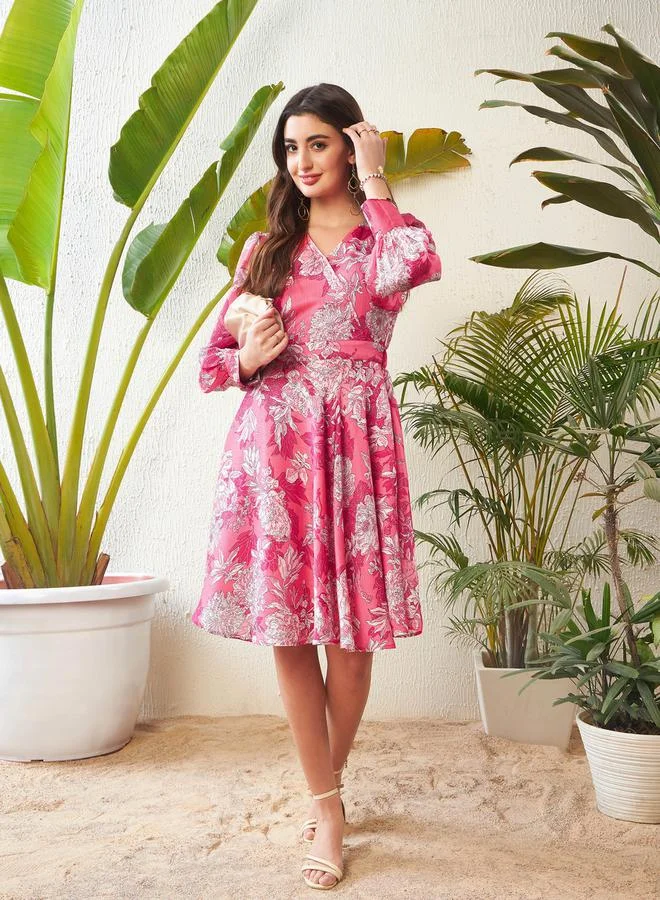 ساسافراس Floral Print Wrap Front Knee Length Dress by Styli
