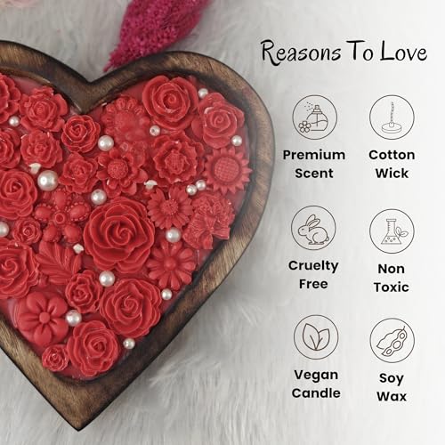 Pink Lotus Decorative Heart-Shaped Wooden Bowl Candle with Red Rose Design and Pearl Accents - Image 2